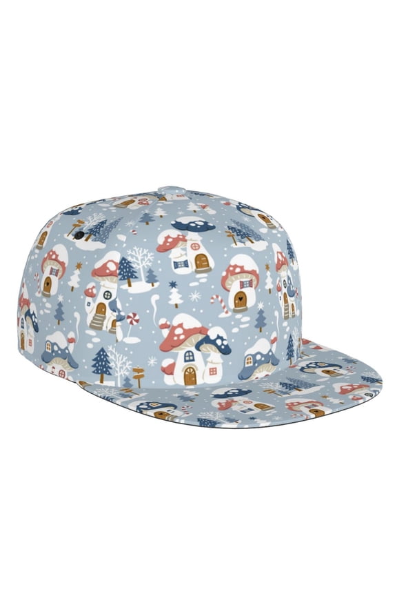 Flat Bill Trucker Hats for Women Men - cute Mushroom Village Adjustable Flat Baseball Cap Snapback Hats Dad Hats for Men