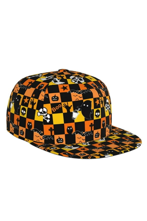 Flat Bill Trucker Hats for Women Men - cute ghost halloween plaid Adjustable Flat Baseball Cap Snapback Hats Dad Hats for Men