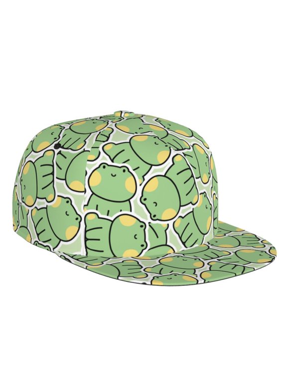 Flat Bill Trucker Hats for Women Men - cute smile frog green Adjustable Flat Baseball Cap Snapback Hats Dad Hats for Men