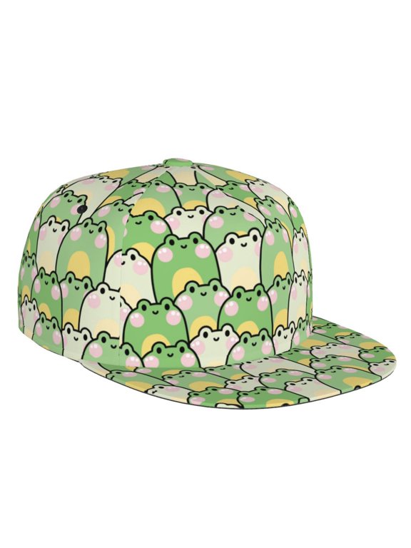 Flat Bill Trucker Hats for Women Men - cute smile frog green Kawaii Adjustable Flat Baseball Cap Snapback Hats Dad Hats for Men