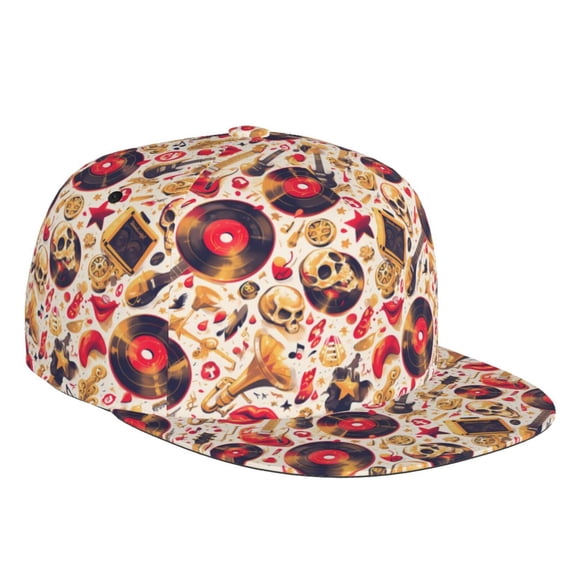 Flat Bill Trucker Hats for Women Men - gold Skull Guitar record Adjustable Flat Baseball Cap Snapback Hats Dad Hats for Men