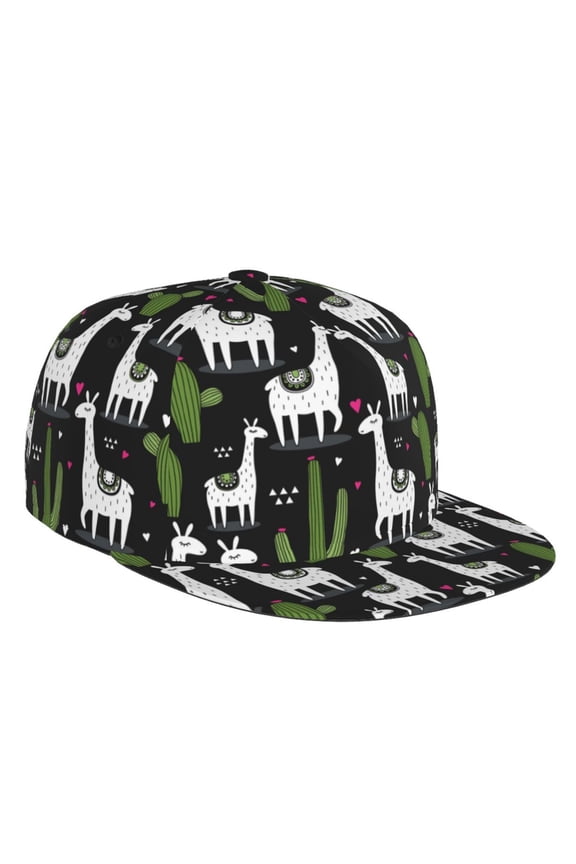 Flat Bill Trucker Hats for Women Men - llama alpaca cactus heart black Adjustable Flat Baseball Cap Snapback Hats Dad Hats for Men