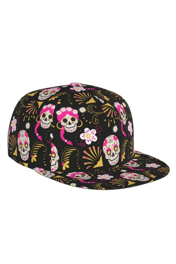 Flat Bill Trucker Hats for Women Men - pink Skull daisy Adjustable Flat Baseball Cap Snapback Hats Dad Hats for Men