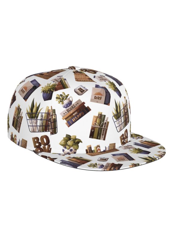 Flat Bill Trucker Hats for Women Men - plants book reading print Adjustable Flat Baseball Cap Snapback Hats Dad Hats for Men
