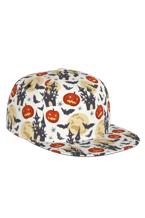 Flat Bill Trucker Hats for Women Men - pumpkin halloween bats print Adjustable Flat Baseball Cap Snapback Hats Dad Hats for Men