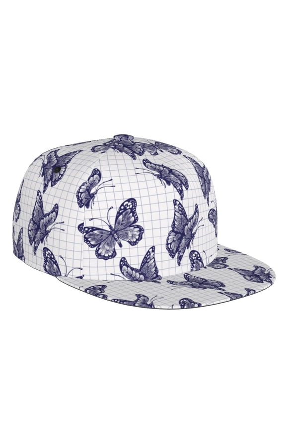 Flat Bill Trucker Hats for Women Men - purple inky butterfly checkered Adjustable Flat Baseball Cap Snapback Hats Dad Hats for Men