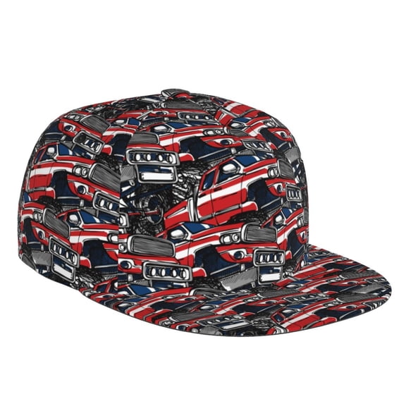 Flat Bill Trucker Hats for Women Men - red and blue cars Adjustable Flat Baseball Cap Snapback Hats Dad Hats for Men