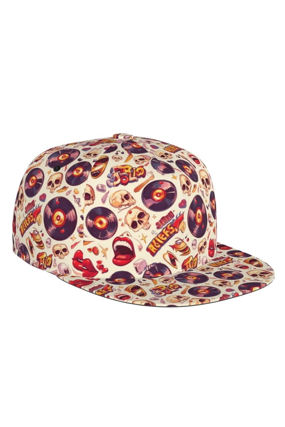 Flat Bill Trucker Hats for Women Men - rock music Skull record Adjustable Flat Baseball Cap Snapback Hats Dad Hats for Men