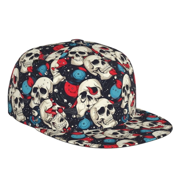 Flat Bill Trucker Hats for Women Men - rock record Skull artist Adjustable Flat Baseball Cap Snapback Hats Dad Hats for Men