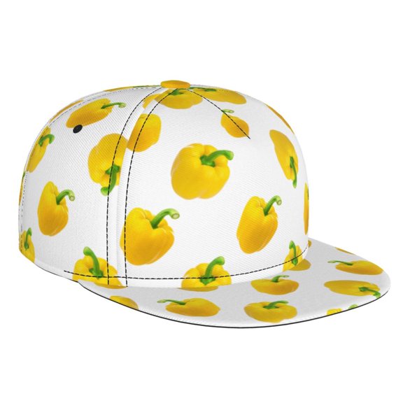 Flat Bill Trucker Hats for Women Men - Bell Pepper Print yellow Adjustable Flat Baseball Cap Snapback Hats Dad Hats for Men