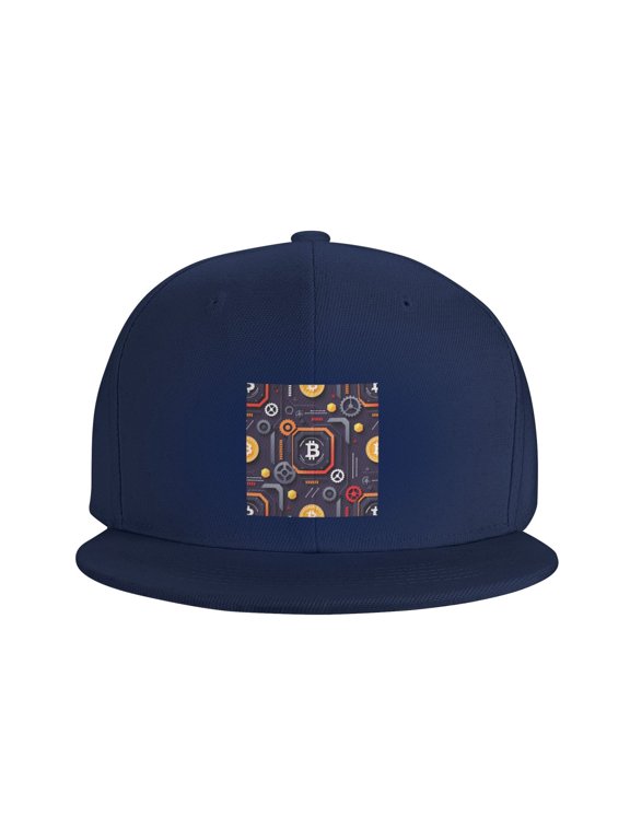 Flat Bill Visor Classic Snapback Hat Bitcoin Adjustable Baseball Cap for Men Women Navy Blue