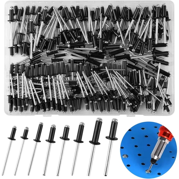 Flat Black 8 Sizes Rivet Large Flange Aluminum Head Steel Mandrel Blind Pop Rivets 240 Pieces