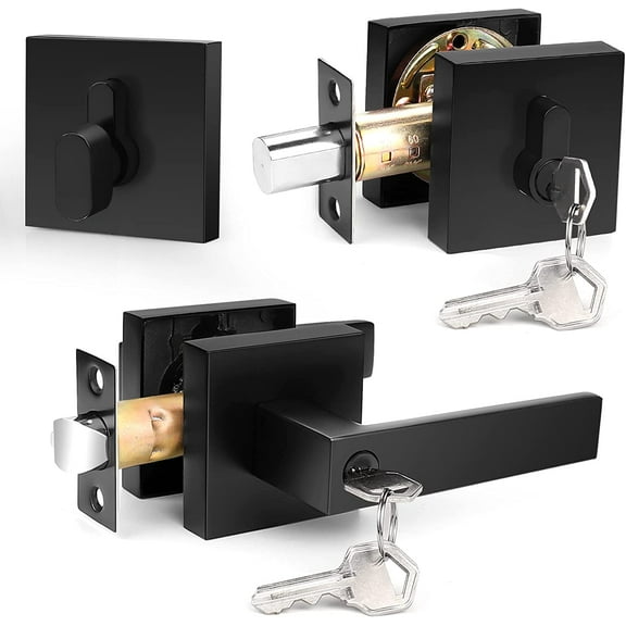 Flat Black Entry Levers Lock Sets and Single Cylinder Deadbolts Keyed Alike Combination Set, Heavy Duty Square Entry Door Locksets Front Door Bedroom Entrance Handles, 1 Pack(All Same Keys)
