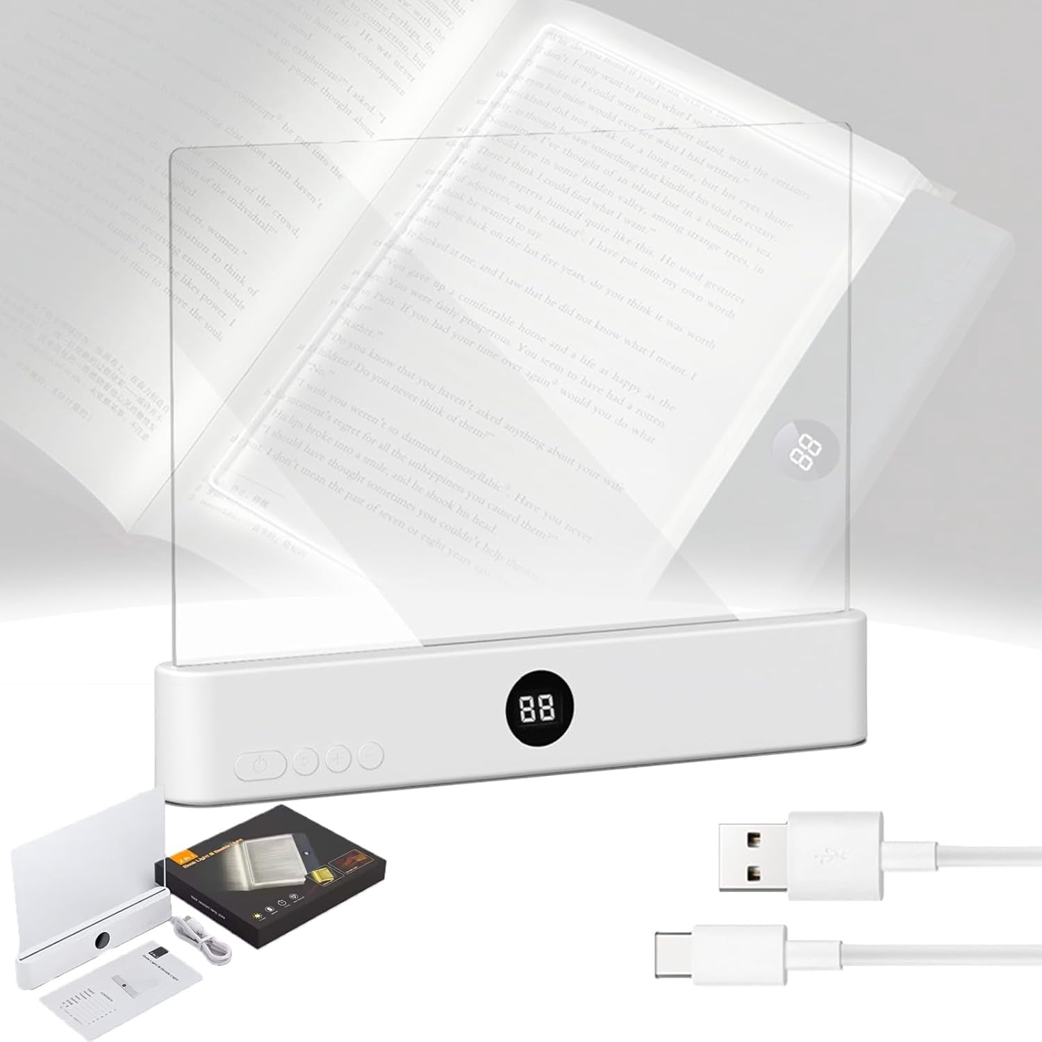 Dimmable LED Flat Reading Light – 3 Colors, Timer & Rechargeable, Clear Panel For Full Page Illumination, Perfect Gift For Book Lovers