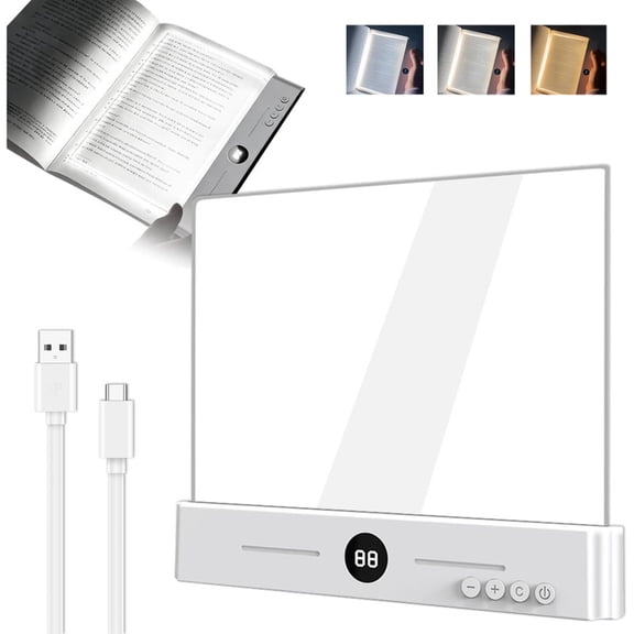 Flat Book Light, Rechargeable LED Tablet Reading Light, Three-Color Adjustable with Timer, Portable for Nighttime Bedside Reading, Travel, Study (White)
