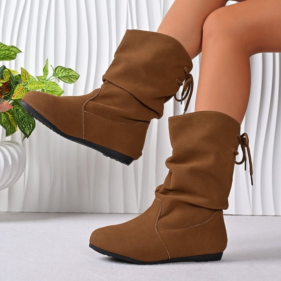 Flat Boots Women'S Slouch Boots Low Heel Booties Fall Slouchy Boots Brown