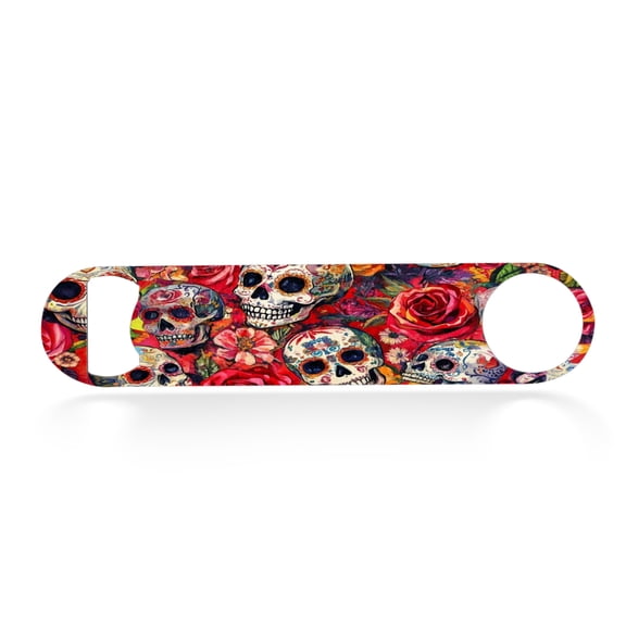 Flat Bottle Opener Heavy Duty Stainless Steel Bottle Opener Beer Flask Tools for Kitchen Bar Restaurant, 7 Inch - Festive Picture of Seamless Pattern with Sugar Skulls and Red Rose