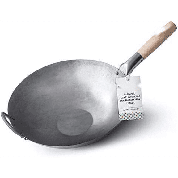 Flat Bottom Carbon Steel Wok Pan - Authentic Hand Hammered Woks and Stir Fry Pans - 14" Pow Wok$$Home Decor, Kitchen, & Other