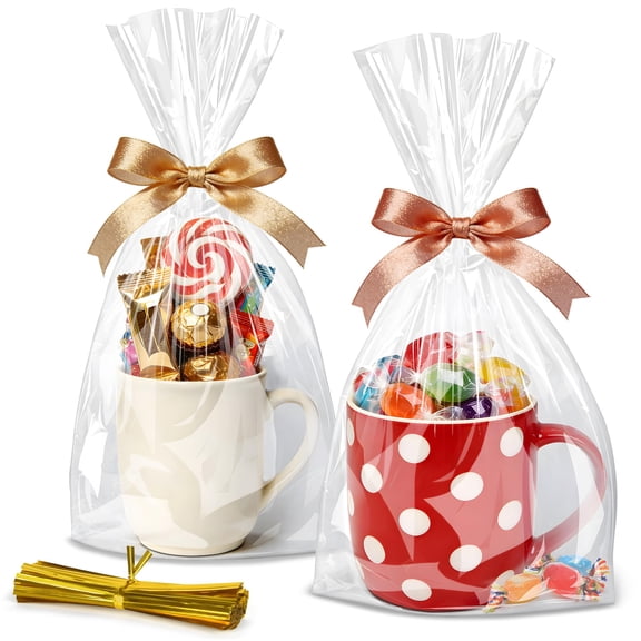 Flat Bottom Cellophane Bags with Twist Ties, 100 Pcs 7x3x12 Inches Cellophane Wrap for Gift Clear Cello Bags Flat Bottom Clear Treat Bags Plastic Packaging for Cookie Candy Goodie (No Side Gusset)