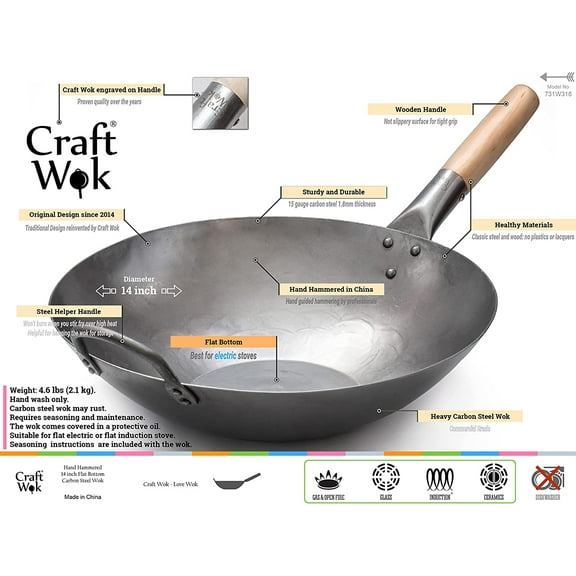 Flat Bottom Heavy 14 Inch Carbon Steel Wok with Wooden and Steel Helper Handle