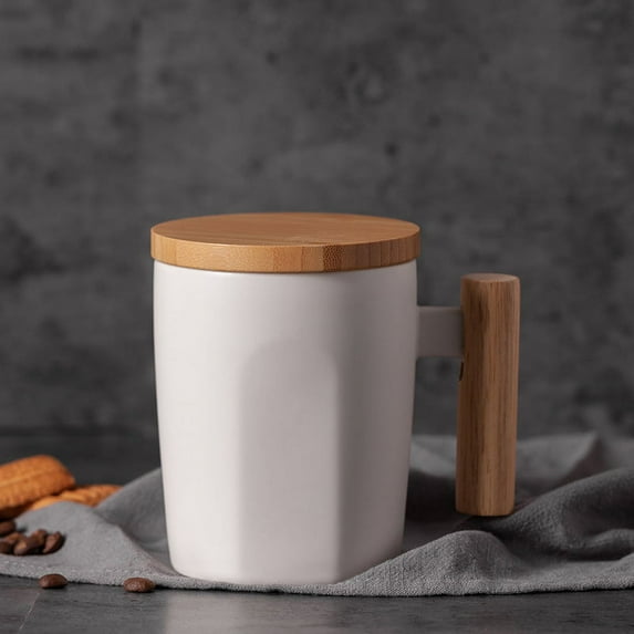 Flat Bottom Mug with Wood Lid. Universal. Flat Bottomed. Wooden Handle. 14oz