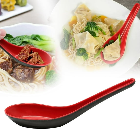 Flat Bottom Spoon Set with Black and Red Rice Bowls Microwave Safe Dishwasher Friendly Dining Collection for Ramen Soup Asian Cuisine and Family Meals Heat Resistant Tableware Serving Set