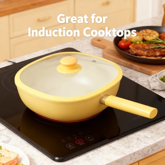 Flat Bottom Square Cooking Pan, Ceramic Non-Stick Small Wok, 0-Fluorine Wear-Resistant Cookware for Home, Gas & Induction Use