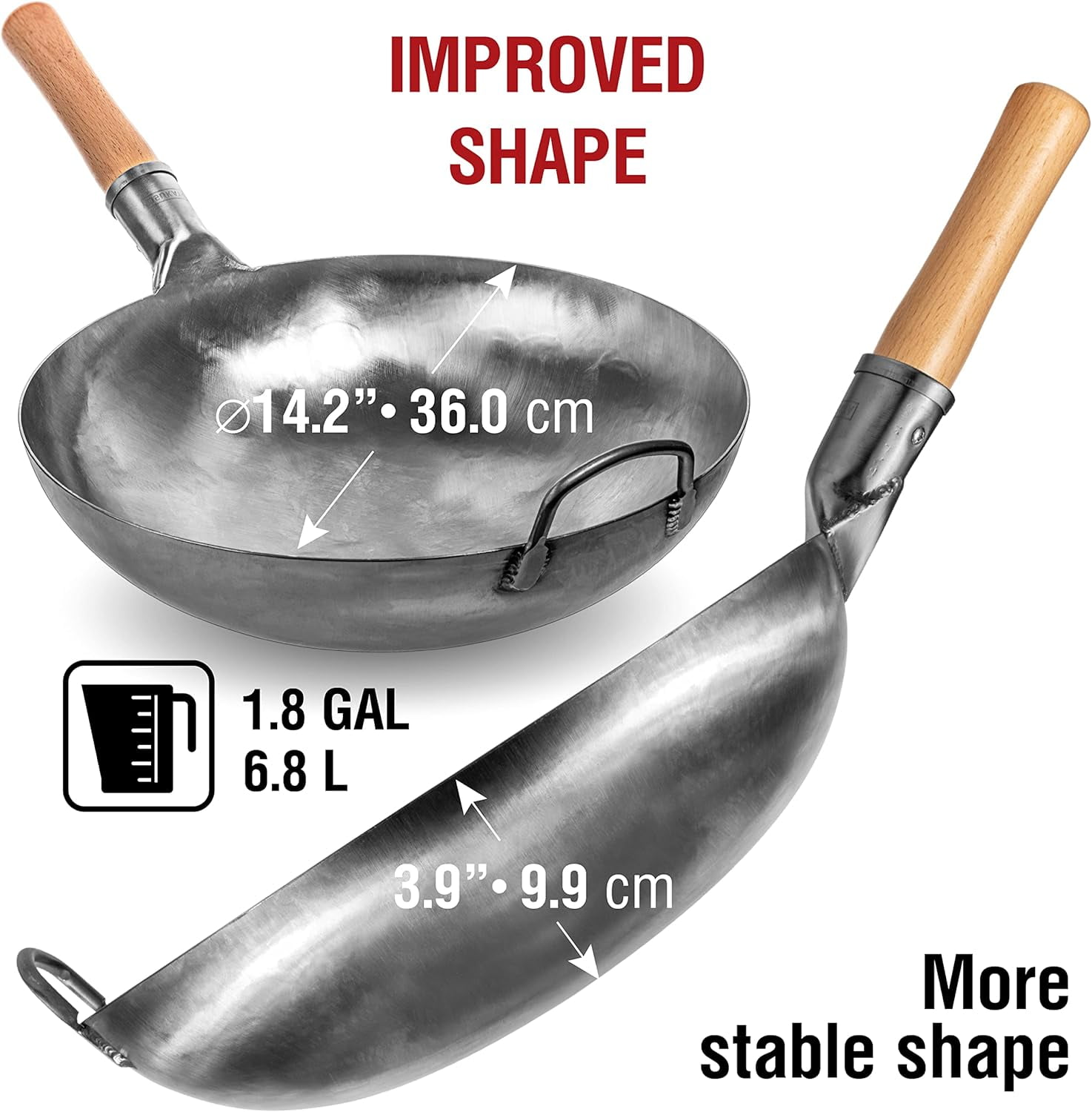 Flat Bottom Wok Pan 13.5" Blue Carbon Steel Wok Preseasoned Carbon