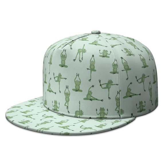Flat Brim Snapback Hat - Green Frog Cartoon Print with Mushroom & Flower Nature Pattern for Men Women