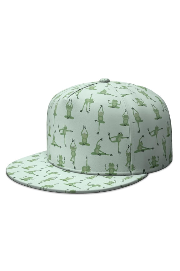 Flat Brim Snapback Hat - Green Frog Cartoon Print with Mushroom & Flower Nature Pattern for Men Women
