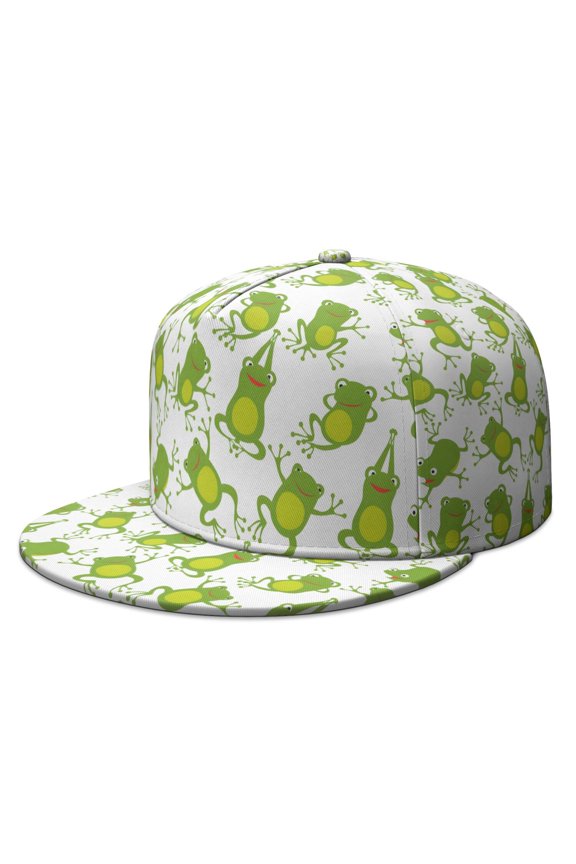 Flat Brim Snapback Hat - Green Frog Cartoon Print with Mushroom & Flower Nature Pattern for Men Women