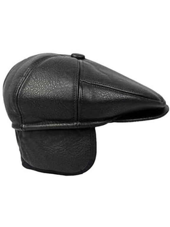 Flat Cabbie Men's Classic Newsboy Flat Cap Hat with Ear Flaps (L, BLACK)