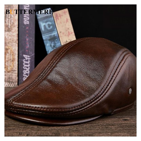 Flat Caps Men Real Leather Duckbill Hats Berets Earflaps Black Casual Directors Cap Male Vintage Winter Driving Caps ,Fashion