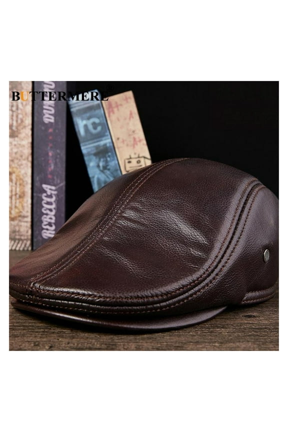 Flat Caps Men Real Leather Duckbill Hats Berets Earflaps Black Casual Directors Cap Male Vintage Winter Driving Caps ,Fashion