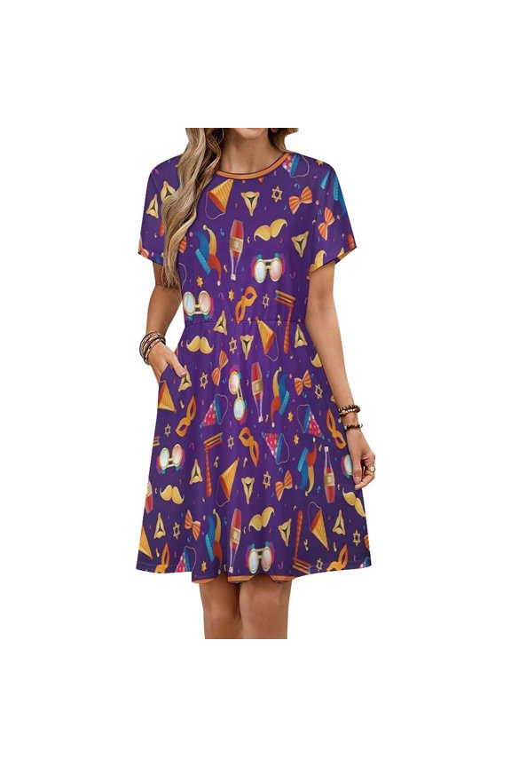 Flat Carnival Pattern Dress Summer Street Style Dresses Female Short Sleeve Printed Sundress