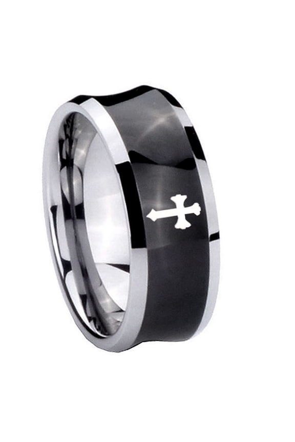Flat Christian Cross Concave Black Tungsten Men Ring 10MM