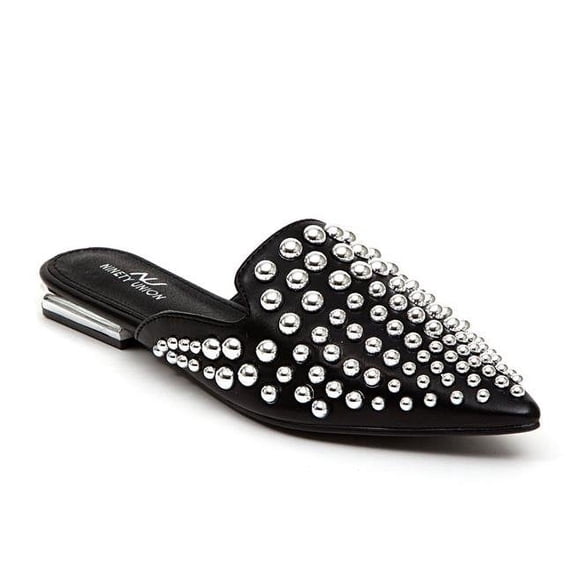Flat Closed Toe Slide Slipper with Silver Studs, Black - Size 7