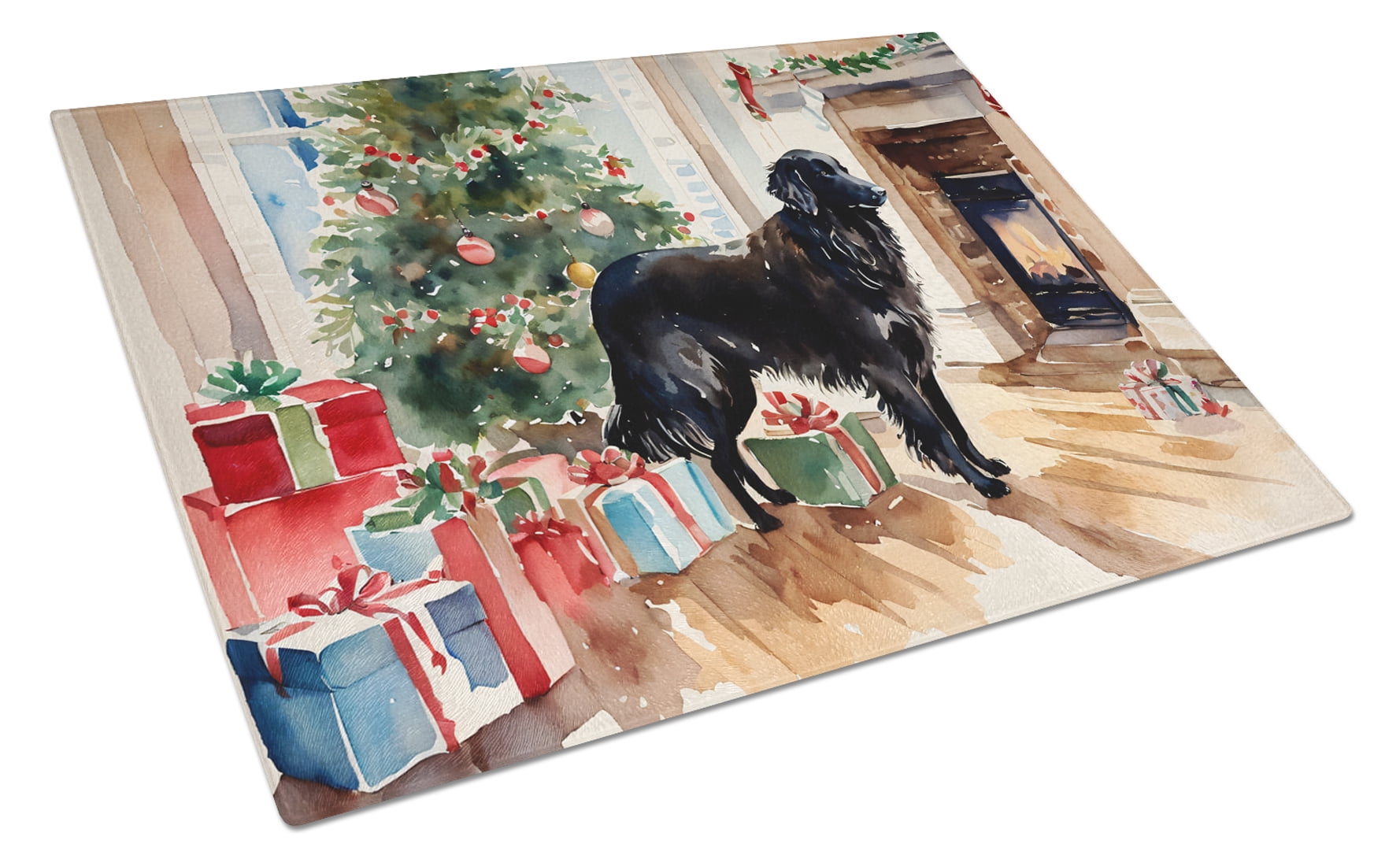 Flat-Coated Retriever Cozy Christmas Glass Cutting Board Large 12 in x 15 in