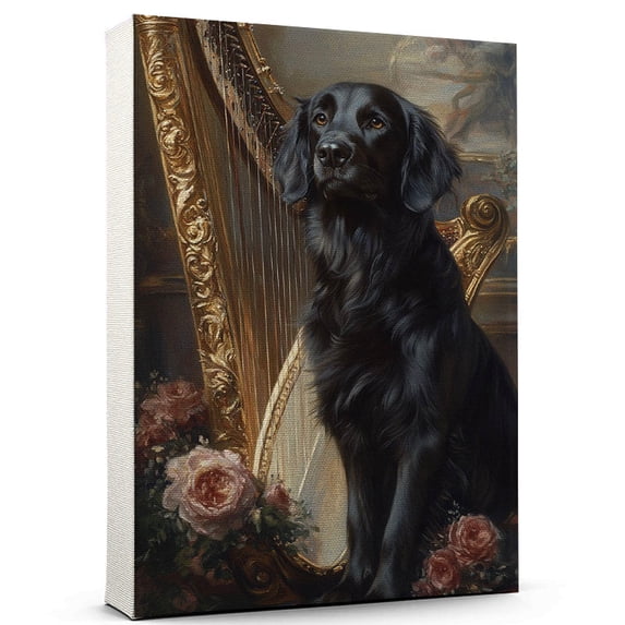Flat Coated Retriever Cute Dog Harp Stretched Canvas Size 8x12 – Retro Flat Coated Retriever Dog Batter in Action With Harp for Themed Living Room