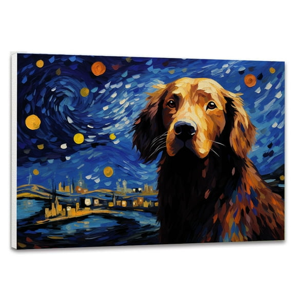 Flat Coated Retriever Dog Canvas Van Gogh Starry Night Wall Art Gifts Canvas Wall Art Frame Music Artist Customized Canvas Framed Photo Art Work For The Bedroom(Gifts For Dog Lover )