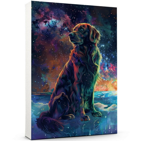 Flat Coated Retriever Dog Lying in The Snow Canvas Print Wall Art Famous Painting for Kids Nursery Bedroom Living Room Office Home