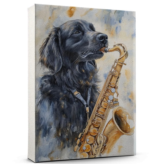 Flat Coated Retriever Dog Playing Saxophone Wall Stretched Canvas Size 8x12 – Flat Coated Retriever Canvas Art for Dog Lovers, Saxophone Canvas Wall Decor