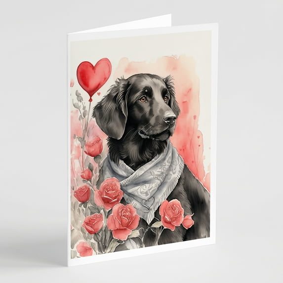 Flat-Coated Retriever Valentine Roses Greeting Cards Pack of 8 7 in x 5 in