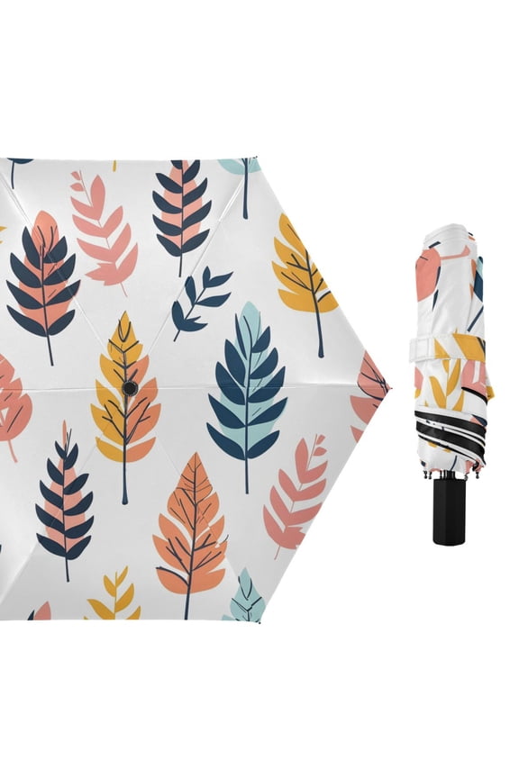 Flat Colorful Leaves All Weather Umbrella Triple Folding Parasol 6 Ribs UV Protection Portable