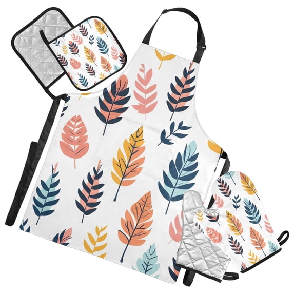 Flat Colorful Leaves Apron Set with Oven Mitts Pot Holders Set of 5 Kitchen Stuff Accessories