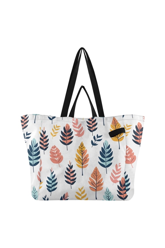 Flat Colorful Leaves Foldable Canvas Tote Bags Reusable Grocery Bags Laundry Bags Beach Bag 32L