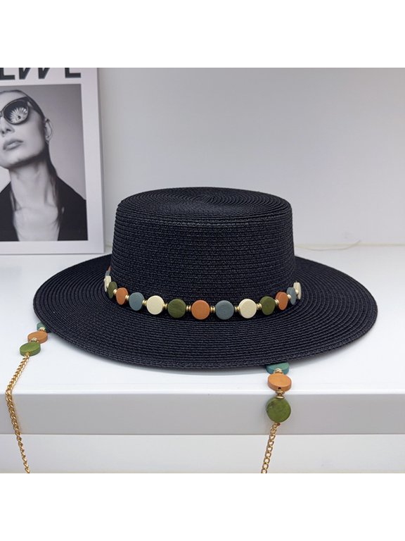 Flat Crown Paper‑Straw Sun Hat for Men Women, Wide Brim Summer Hat with Colorful Bead & Metal Tassel Chain, M Size 56‑58cm for Beach Vacation Travel