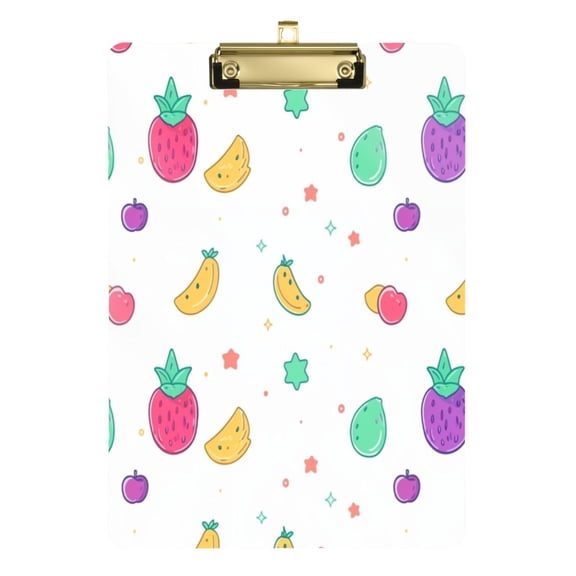 Flat Design Fruits Pattern 12.5x9in Clipboard, Durable Acrylic with Metal Clip and Wall Hook for Office or Classroom