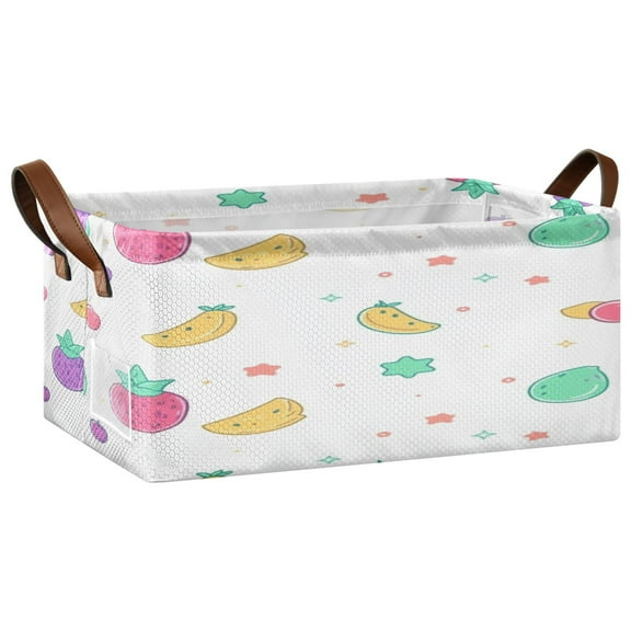 Flat Design Fruits Pattern Open Home Storage Bins Foldable Metal Frame Shelf Baskets 16.9x11.4x7.7in Water-Resistant