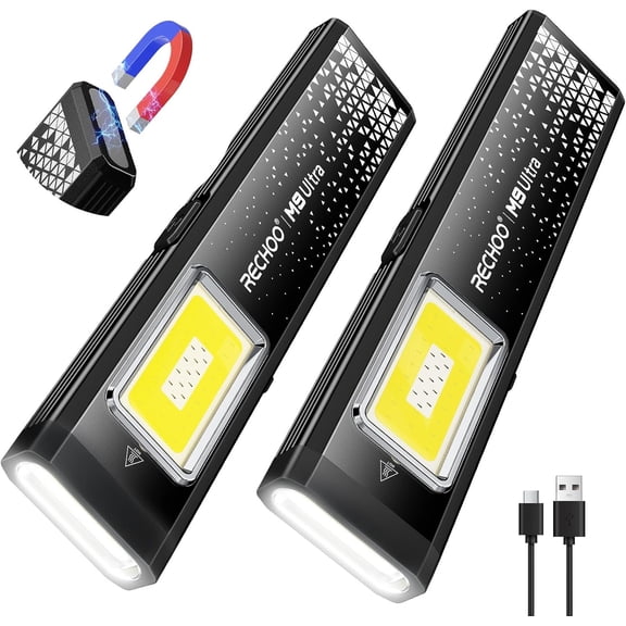 Flat EDC Flashlight Rechargeable, 8-Mode Slim Pocket Flashlight with Magnetic Base & Clip, Lightweight Mini Rechargeable Flashlights for Home, Work, Camping, Car Repair & Emergencies